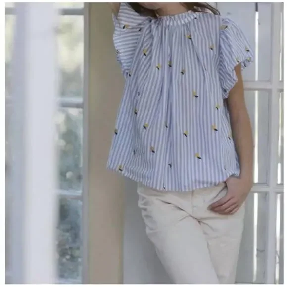 Trovata Birds of Paradis Carla Blouse Top Blue Stripe Short Sleeve Meyer Lemon S - Picture 1 of 10